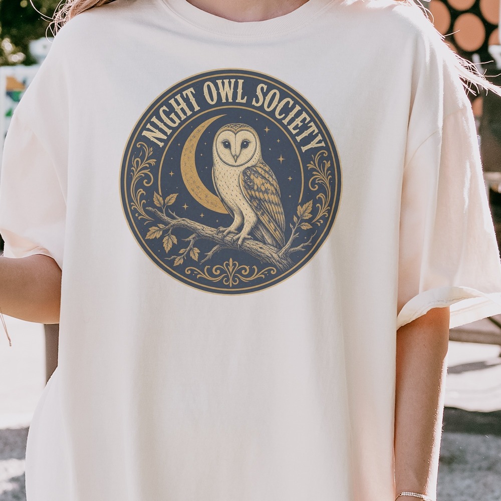 Night Owl Society Barn Owl Perched in Moonlit Badge Tee
